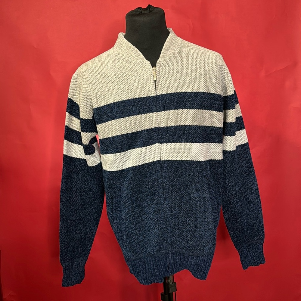 Shein Men's Stripe Color Block Baseball Collar Zipper Fleece Cardigan Size Small